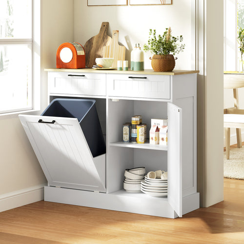 Hidden Garbage Bin Cabinet, Tilt Out Trash Cabinet w/ 2 Drawers, Freestanding Kitchen Island for Laundry, White