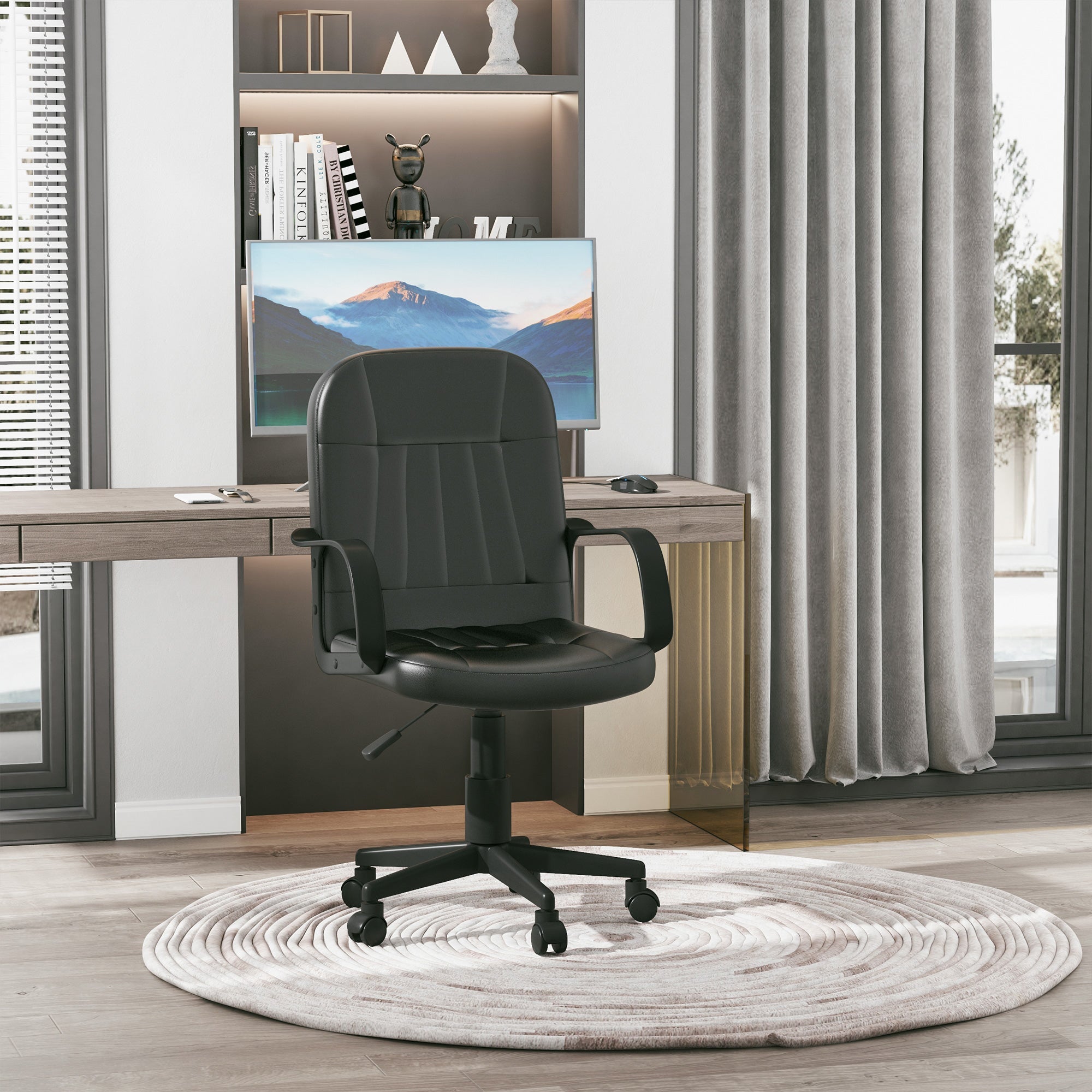 Desk Office Chair PU Leather Mid-Back Swivel Computer PC Adjustable Height Black Executive & Manager Chairs   at Gallery Canada