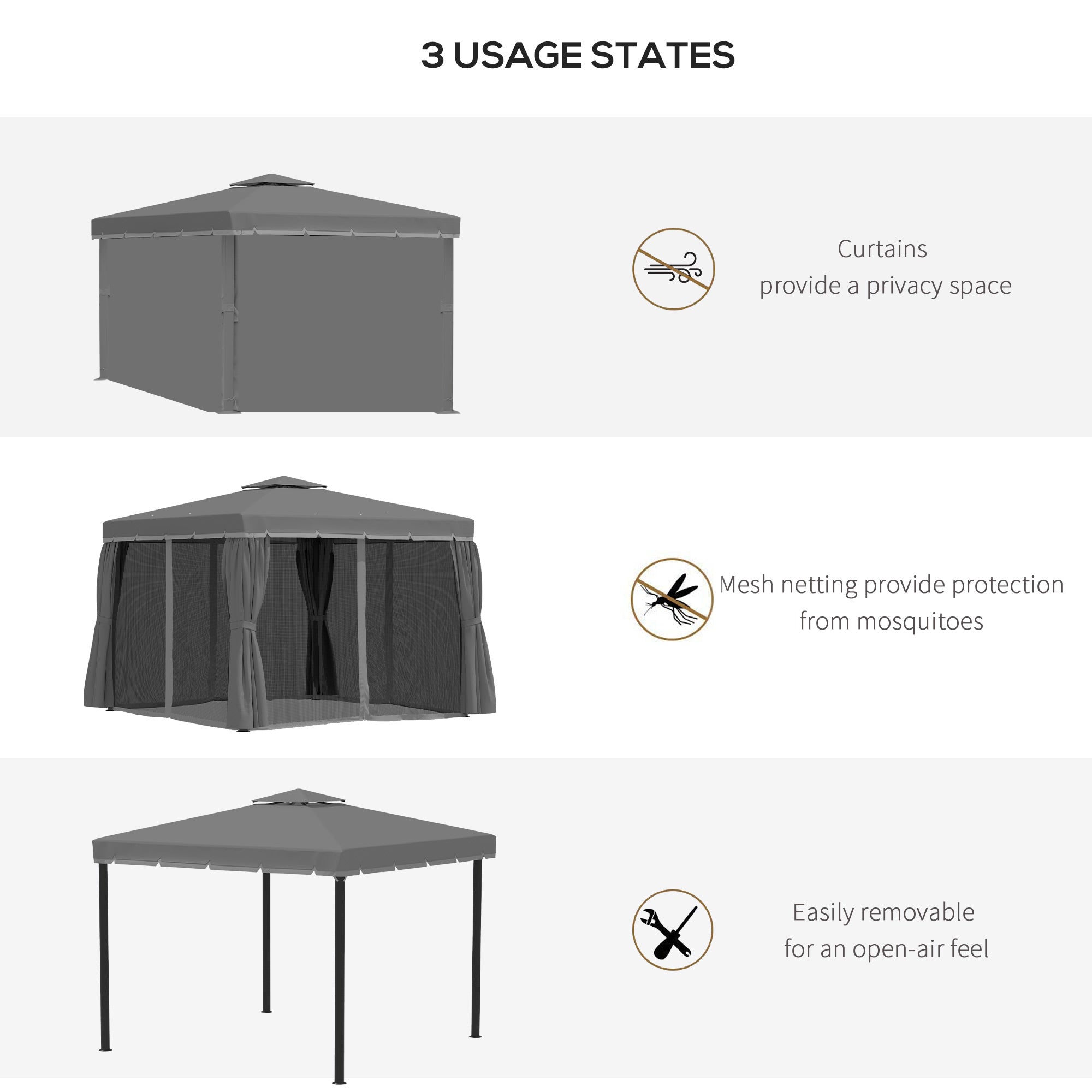 10' x 10' 2-Tier Outdoor Gazebo Canopy Tent with Zippered Mesh Sidewalls, Aluminum Frame for Patio, Backyard, Dark Grey Gazebos at Gallery Canada