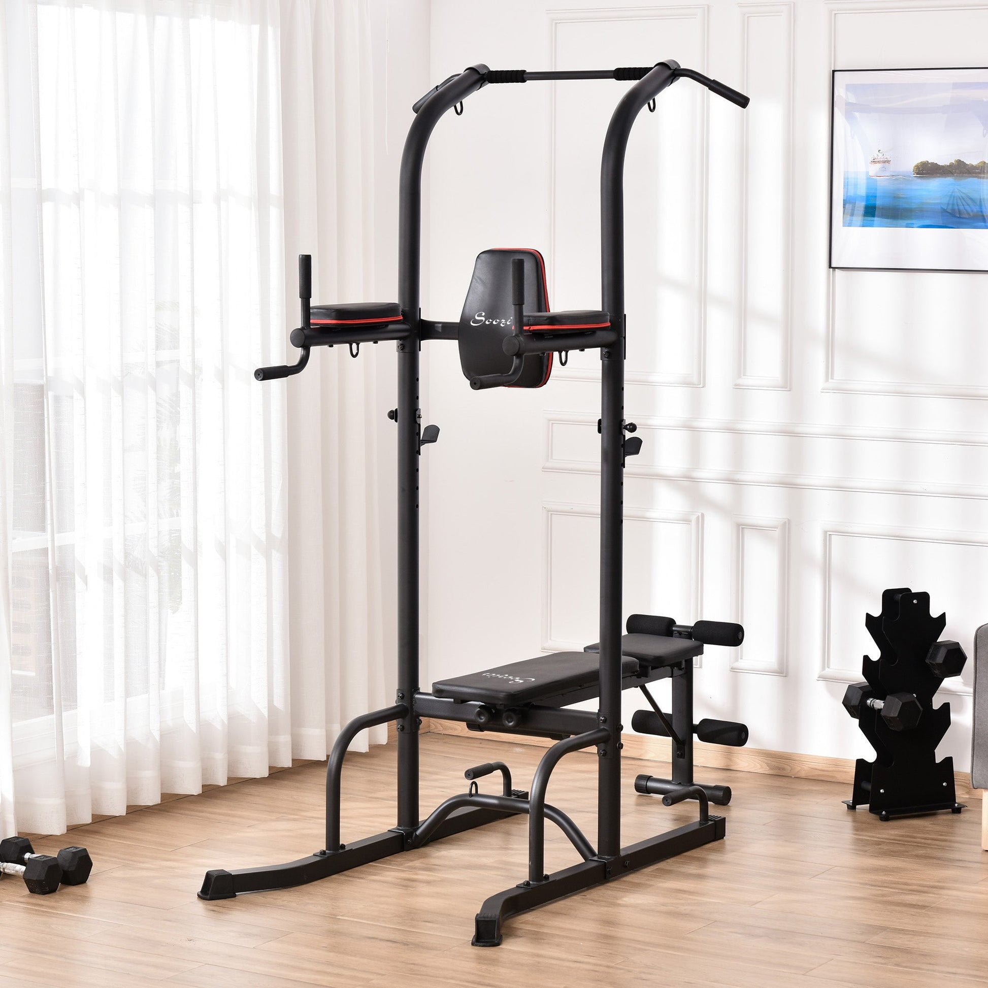 Multi-Function Training Stand Power Tower Station Gym Workout Equipment with Sit Up Bench, Pull Up Bar, Black Power Towers   at Gallery Canada