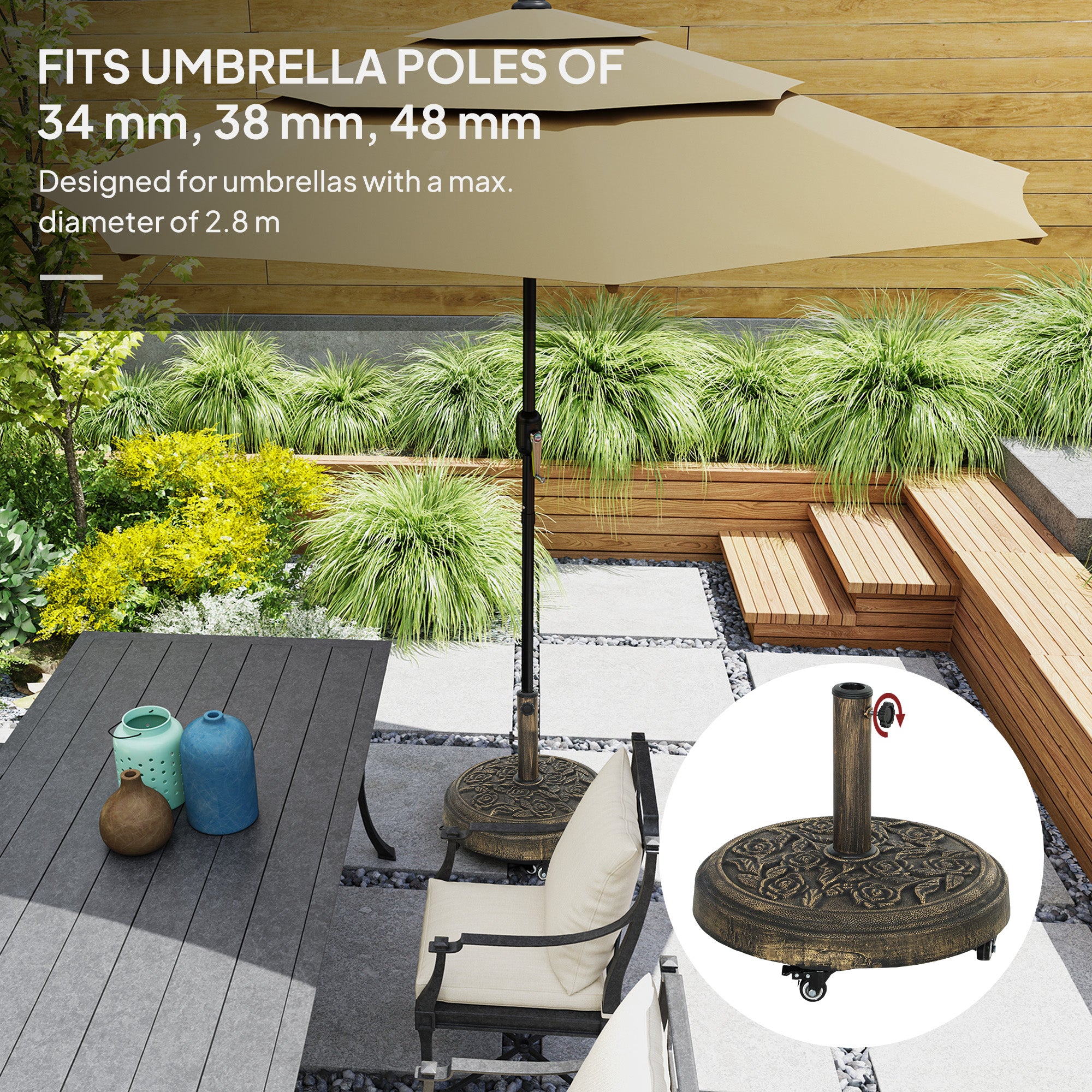 Round Patio Umbrella Base, 46 lbs Resin Umbrella Stand with Wheels, Outdoor Umbrella Stand for 1.3