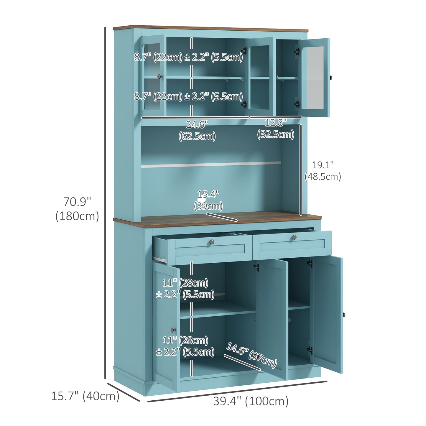 71" Kitchen Pantry Cabinet with Microwave Space, Buffet with Hutch, 2 Drawers, Adjustable Shelves and Glass Doors, Blue Kitchen Pantry Cabinets Multi Colour  at Gallery Canada