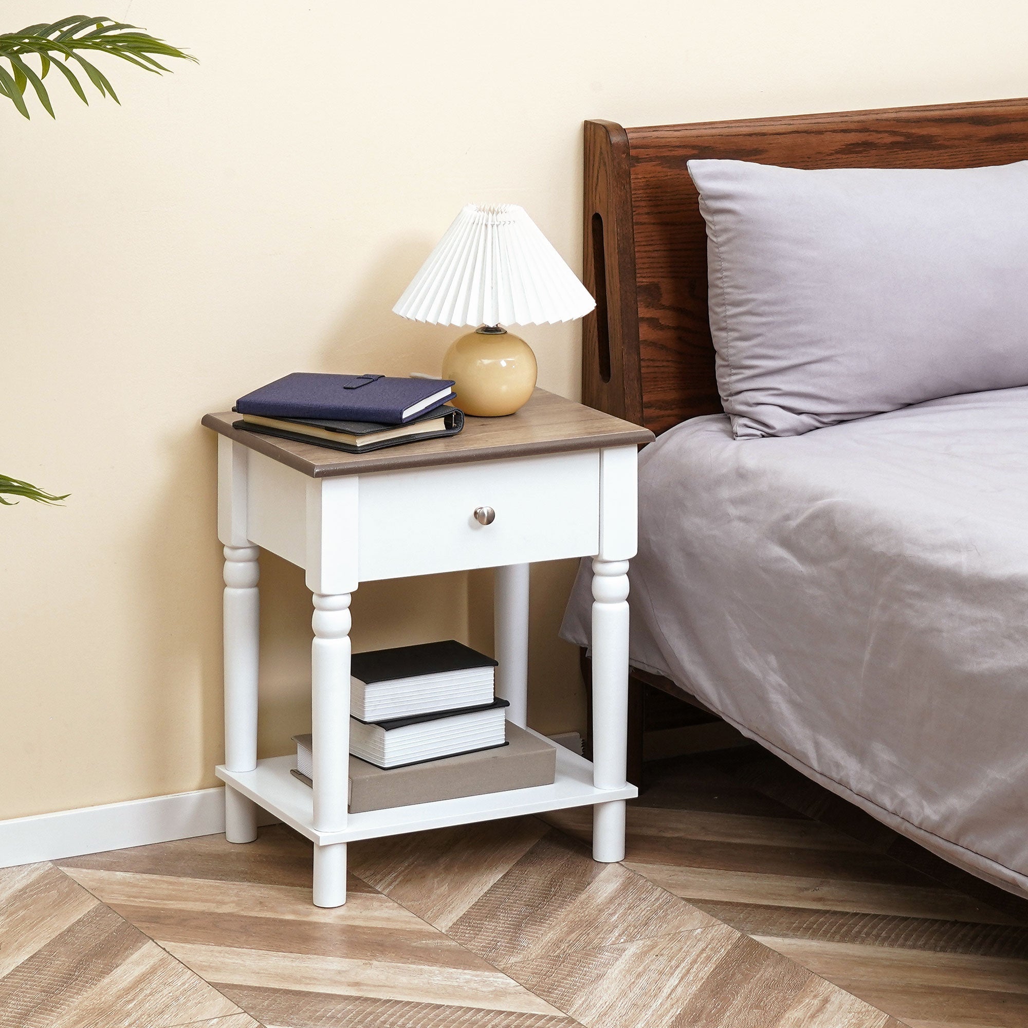 Nightstand, Bedside Table with Drawer and Open Shelf, Side End Table with Wood Legs for Bedroom, White Bedside Tables   at Gallery Canada