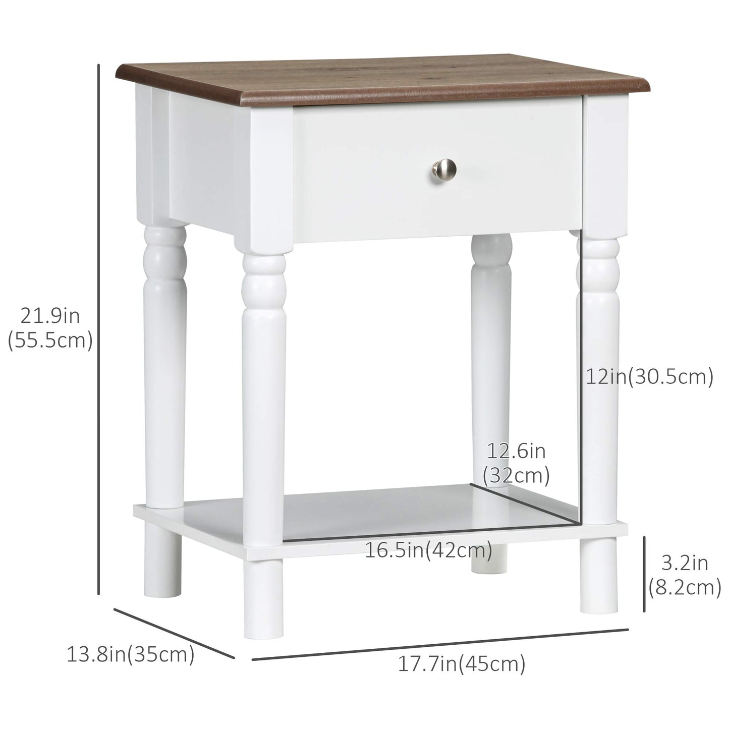 Nightstand, Bedside Table with Drawer and Open Shelf, Side End Table with Wood Legs for Bedroom, White Bedside Tables   at Gallery Canada
