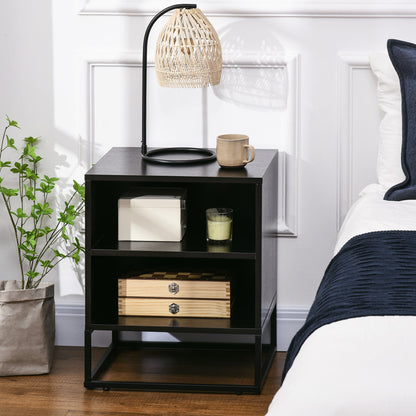 Nightstand, Bedside Table with Storage Shelves, Side End Table with Steel Legs for Bedroom, Black Bedside Tables   at Gallery Canada