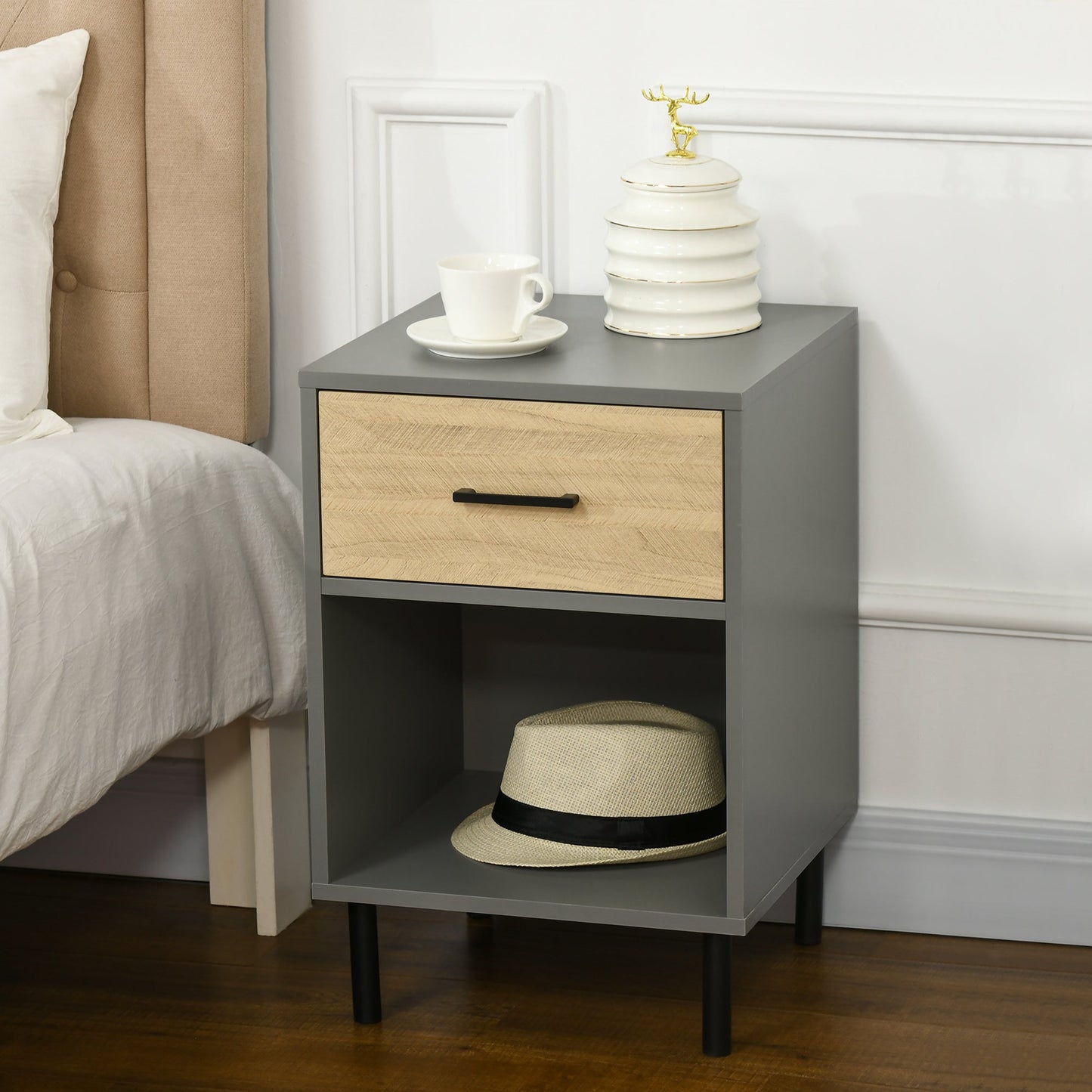 Nightstand Set of 2, Bedside Table with Drawers, Storage Shelf for Bedroom, Grey and Oak Side Tables   at Gallery Canada