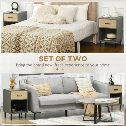 Nightstand Set of 2, Bedside Table with Drawers, Storage Shelf for Bedroom, Grey and Oak Side Tables   at Gallery Canada