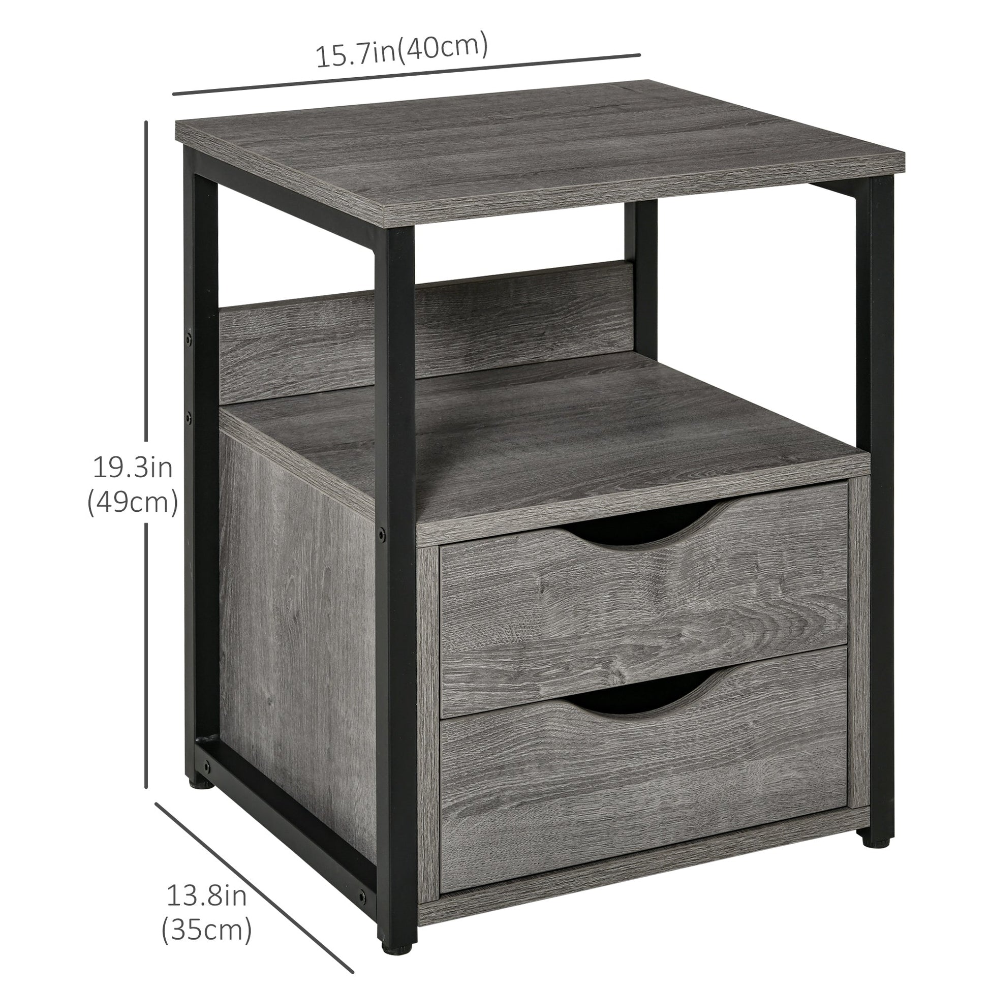 Nightstand with 2 Drawers, Industrial Side Table with Storage Shelf, Accent End Table for Bedroom, Grey Side Tables   at Gallery Canada