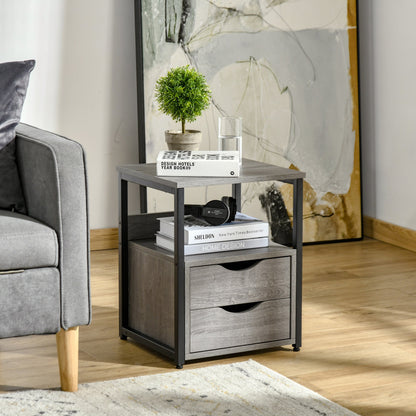 Nightstand with 2 Drawers, Industrial Side Table with Storage Shelf, Accent End Table for Bedroom, Grey Side Tables   at Gallery Canada