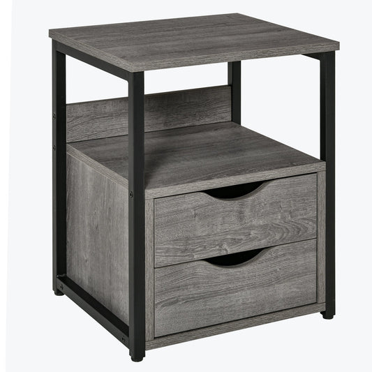 Nightstand with 2 Drawers, Industrial Side Table with Storage Shelf, Accent End Table for Bedroom, Grey Side Tables Grey  at Gallery Canada