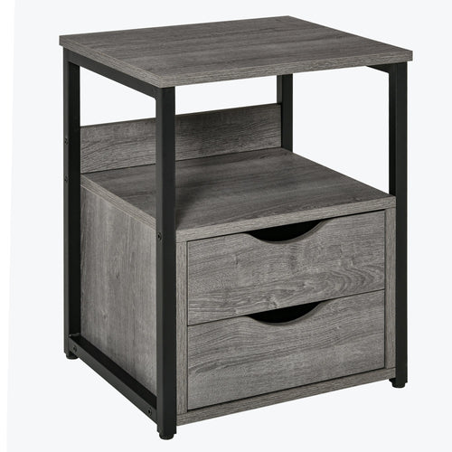 Nightstand with 2 Drawers, Industrial Side Table with Storage Shelf, Accent End Table for Bedroom, Grey