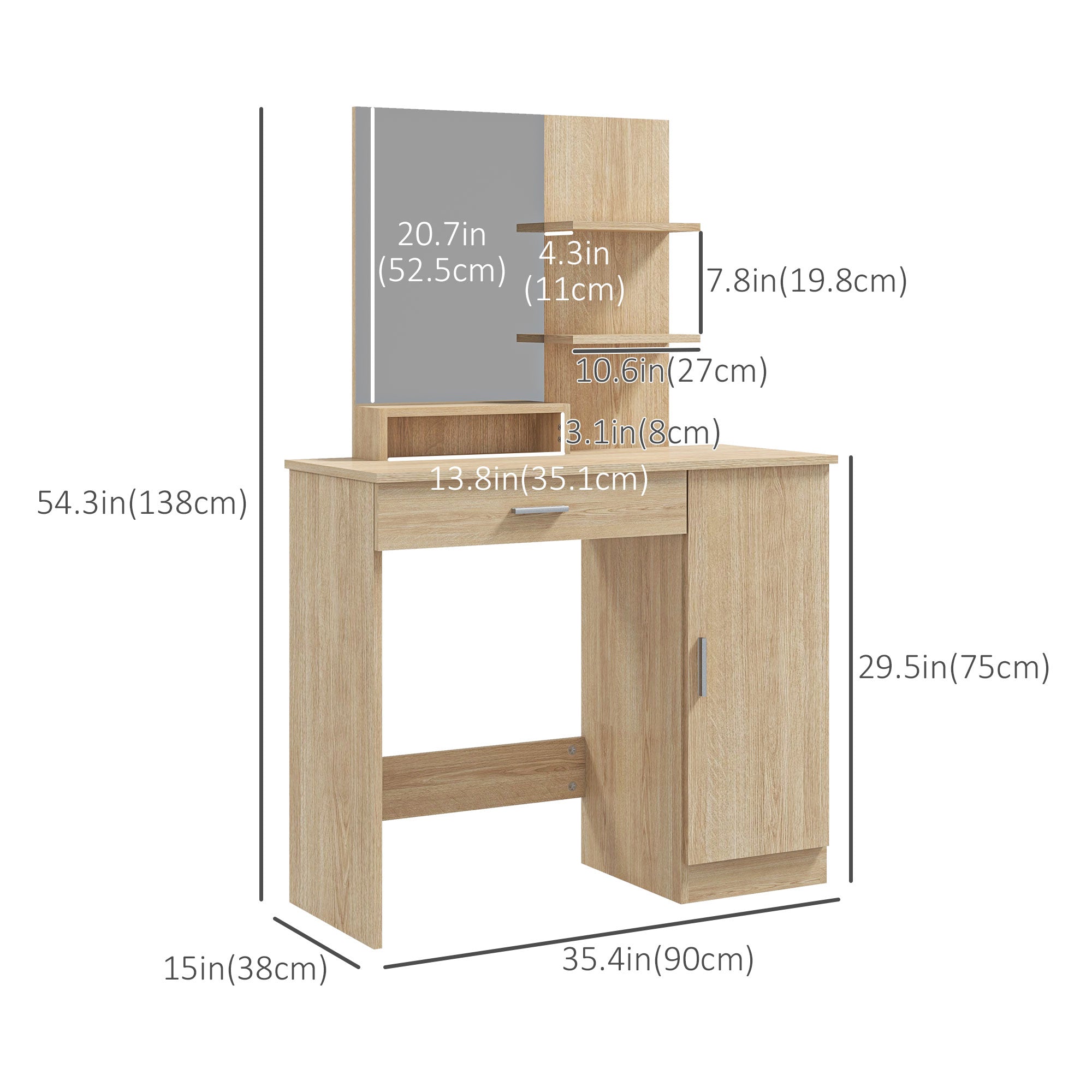 Dressing Table, Vanity Table with Mirror, Drawer and Storage Shelves for Bedroom, 35.4