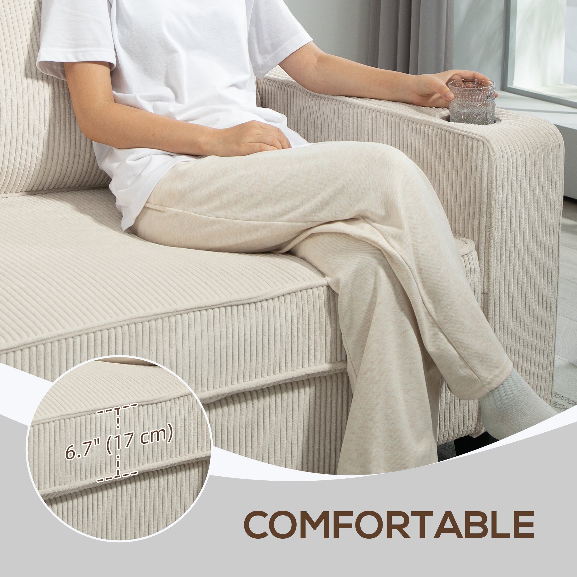 Three Seater Sofa, Fabric 3 Seater Couch with Spring Cushion and Cup Holders for Living Room, Bedroom, Cream White 3-Seater Sofas at Gallery Canada
