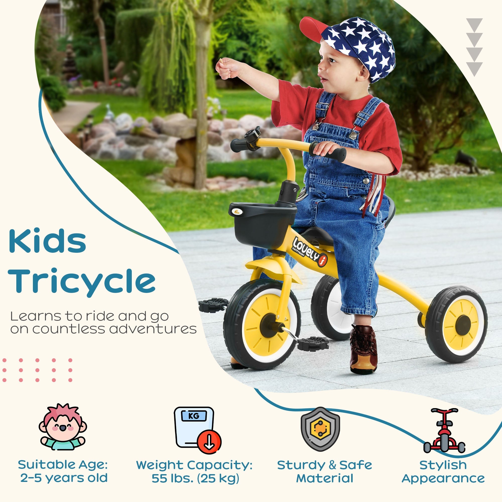 Tricycle for Toddler 2-5 Year Old Girls and Boys, Toddler Bike with Adjustable Seat, Basket, Bell, Yellow Tricycles for Kids   at Gallery Canada