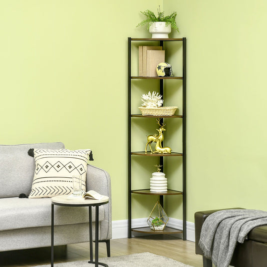 6-Tier Corner Shelf, Corner Bookshelf with Metal Frame, for Living Room, Bedroom, Kitchen, Dark Brown - Gallery Canada