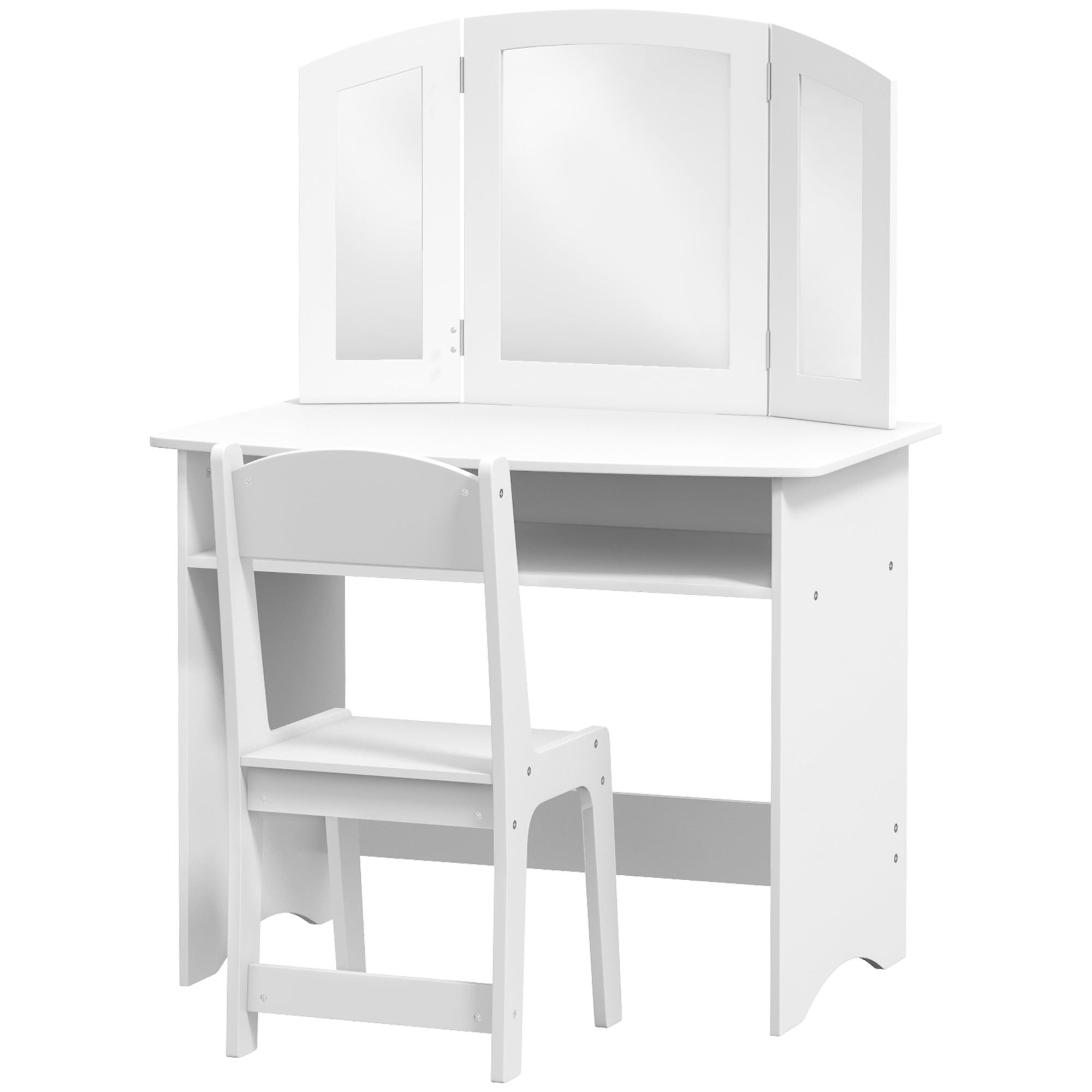 2 in 1 Kids Vanity Set Makeup Dressing Table Pretend Play Set with Tri-Folding Mirror, Stool, Storage Shelf Toy Vanity White at Gallery Canada