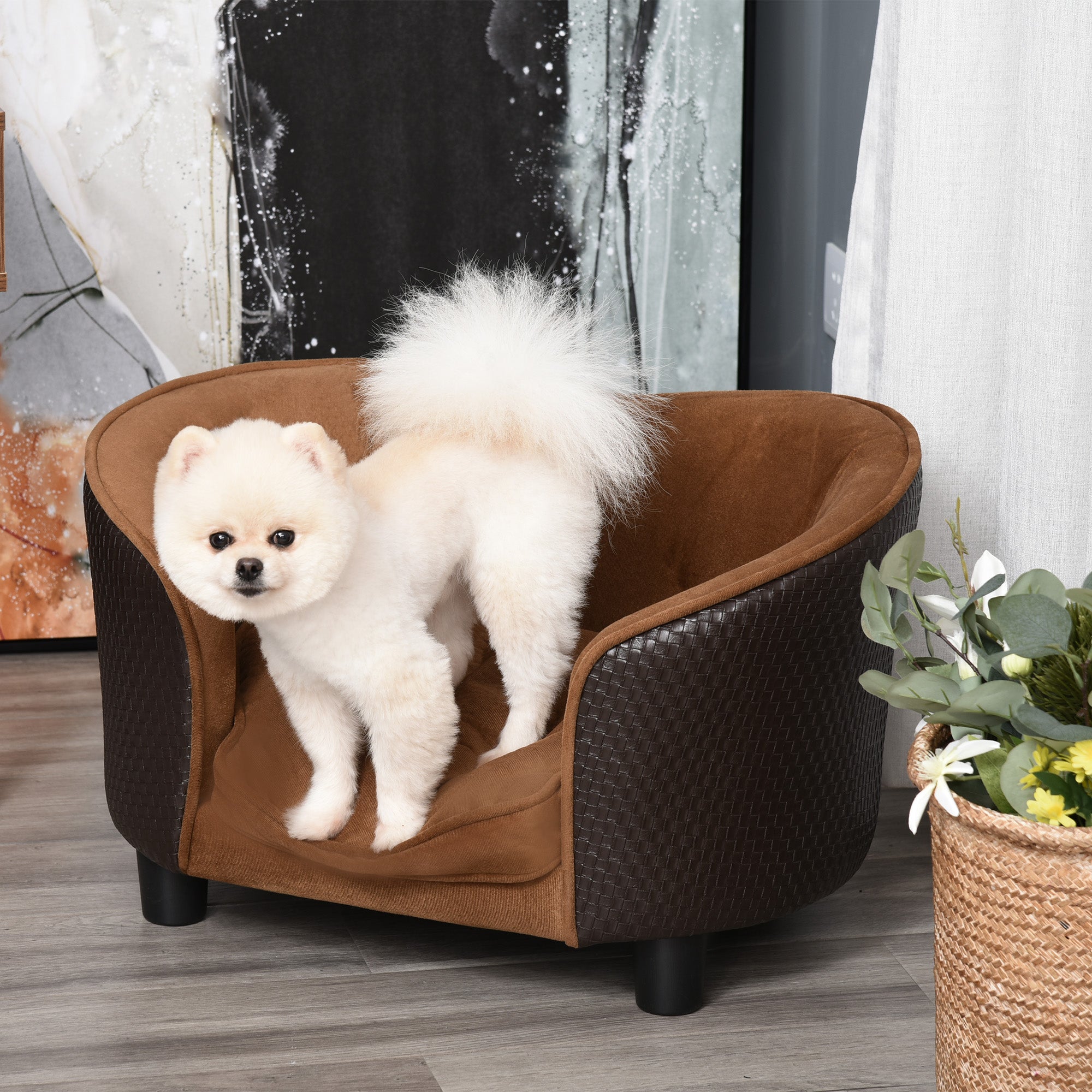 Rattan Style Pet Dog Cat Sofa Pet Bed Warm Dog Bed Chair with Removable Washable Cushion for Small Dogs Dog Sofas   at Gallery Canada