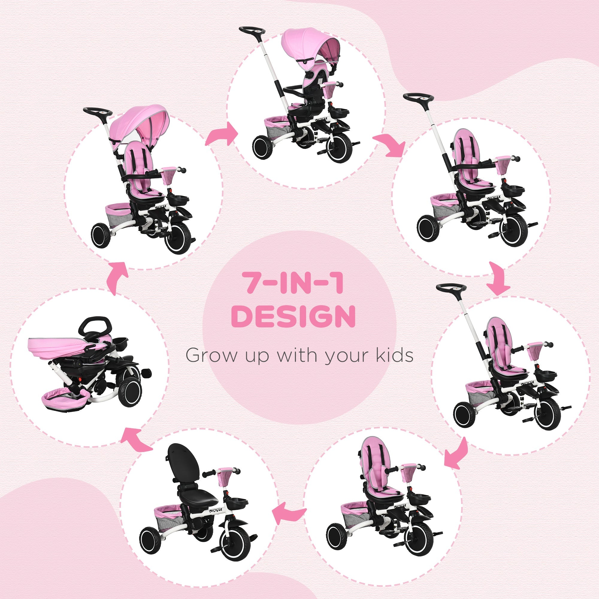 6-in-1 Toddler Tricycle for 12-50 Months, Foldable Kids Trike with Adjustable Seat and Push Handle, Safety Harness, Removable Canopy, Footrest, Pink Tricycles for Kids   at Gallery Canada