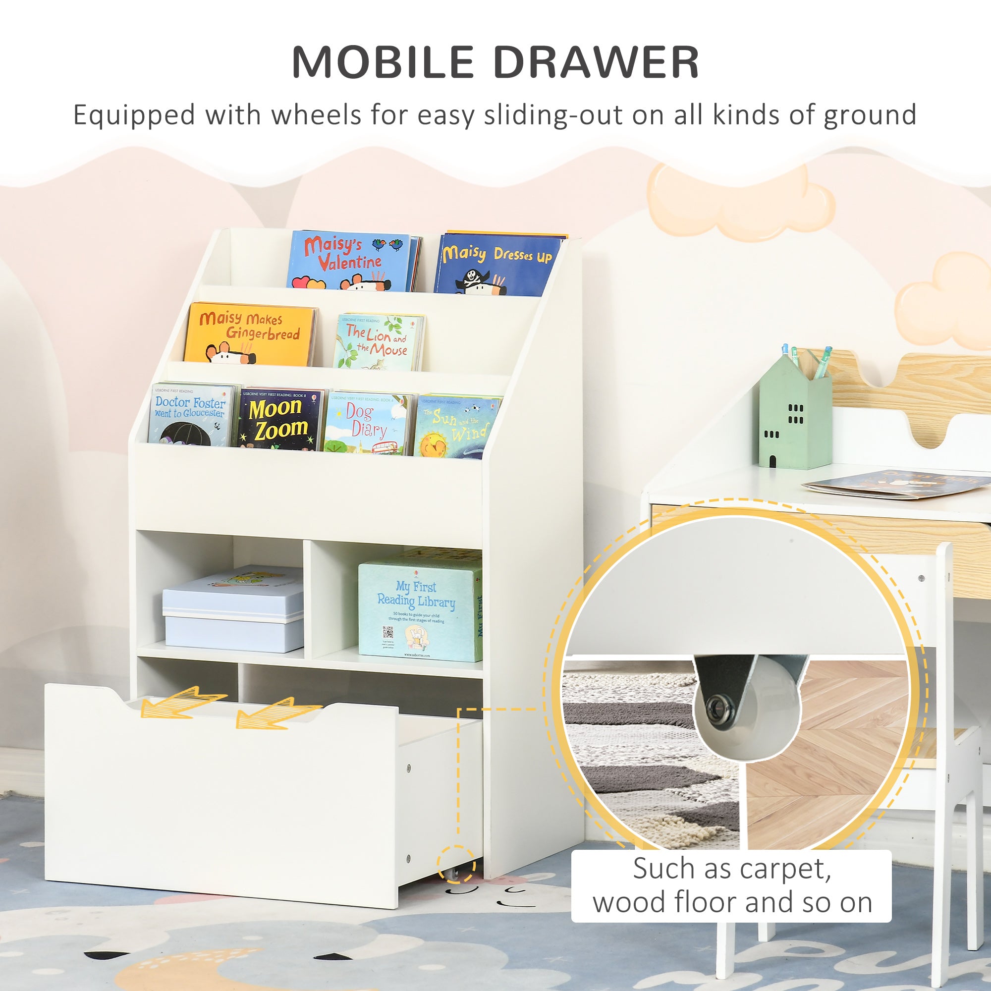 Kids Bookcase Multi-Shelf Rack Organizer with Storage Drawer for Books for Reading Nook, Classroom, Bedroom, Playroom, White Baby & Kids Storage at Gallery Canada