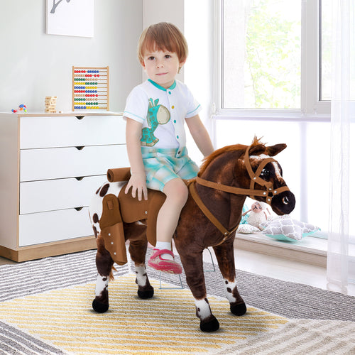 Standing Ride on Horse, Plush Pony Toy for Kids with Neighing Sound, Soft Padding, for Cowboy Cowgirl Aged 3-8 Years Old, Brown