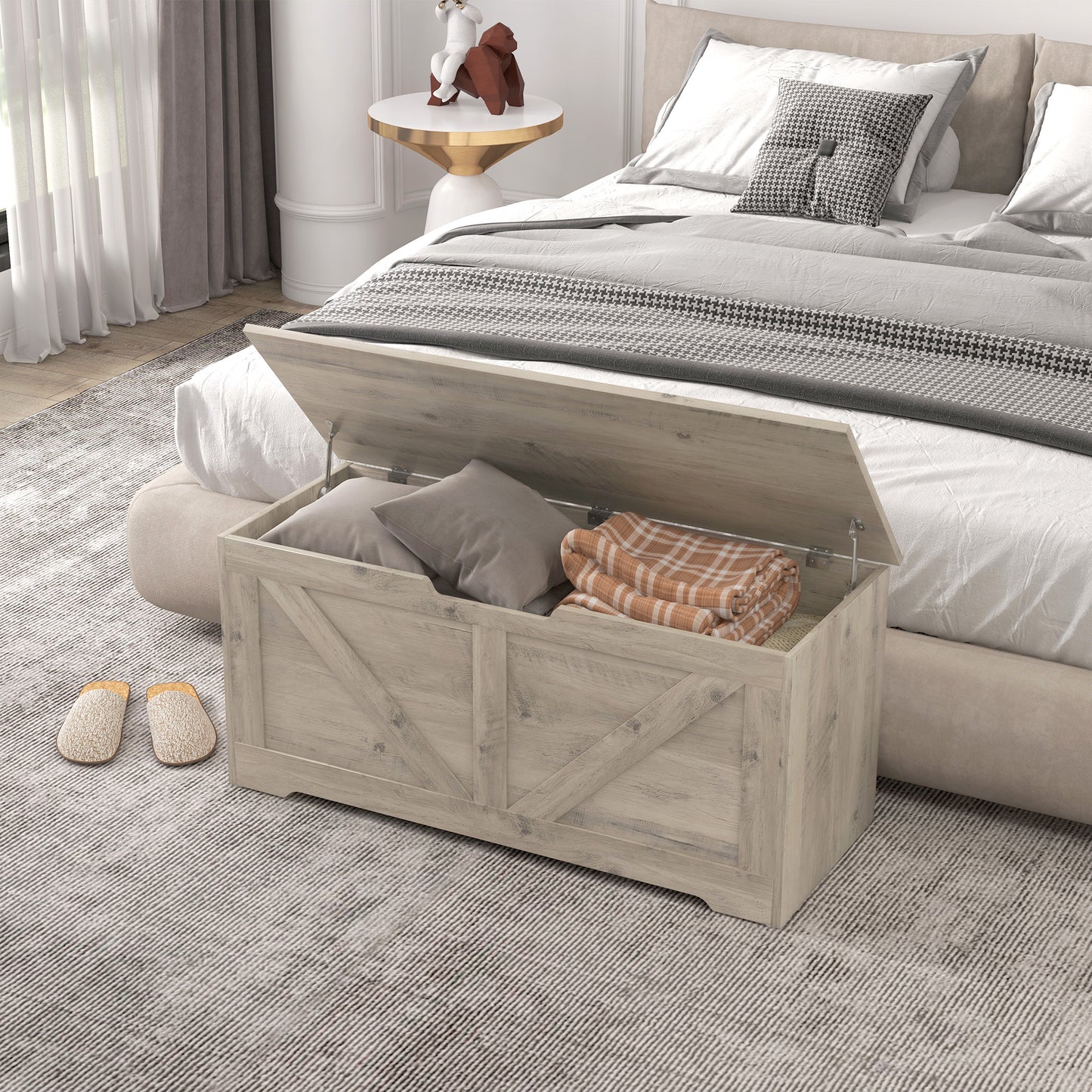 39.4 Inches Storage Chest, Storage Trunk with 2 Safety Hinges, Wooden Toy Box for Living Room, Grey Wood Grain Storage Cabinets   at Gallery Canada