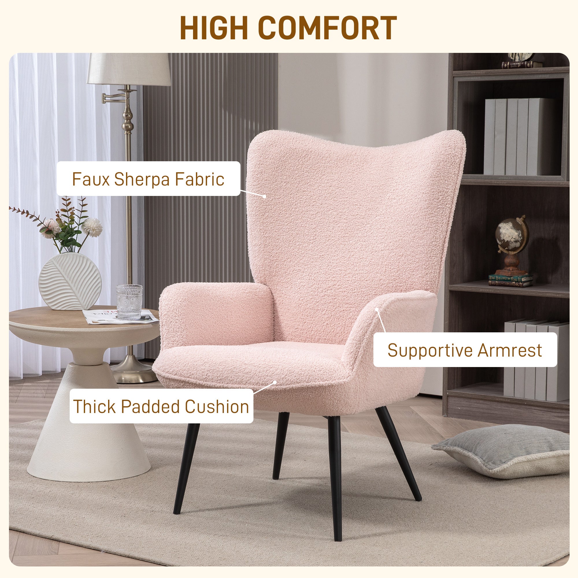 Accent Sherpa Chair, Upholstered Armchair, Fluffy Wingback Chair for Living Room, Reading Room, Pink Accent Chairs   at Gallery Canada