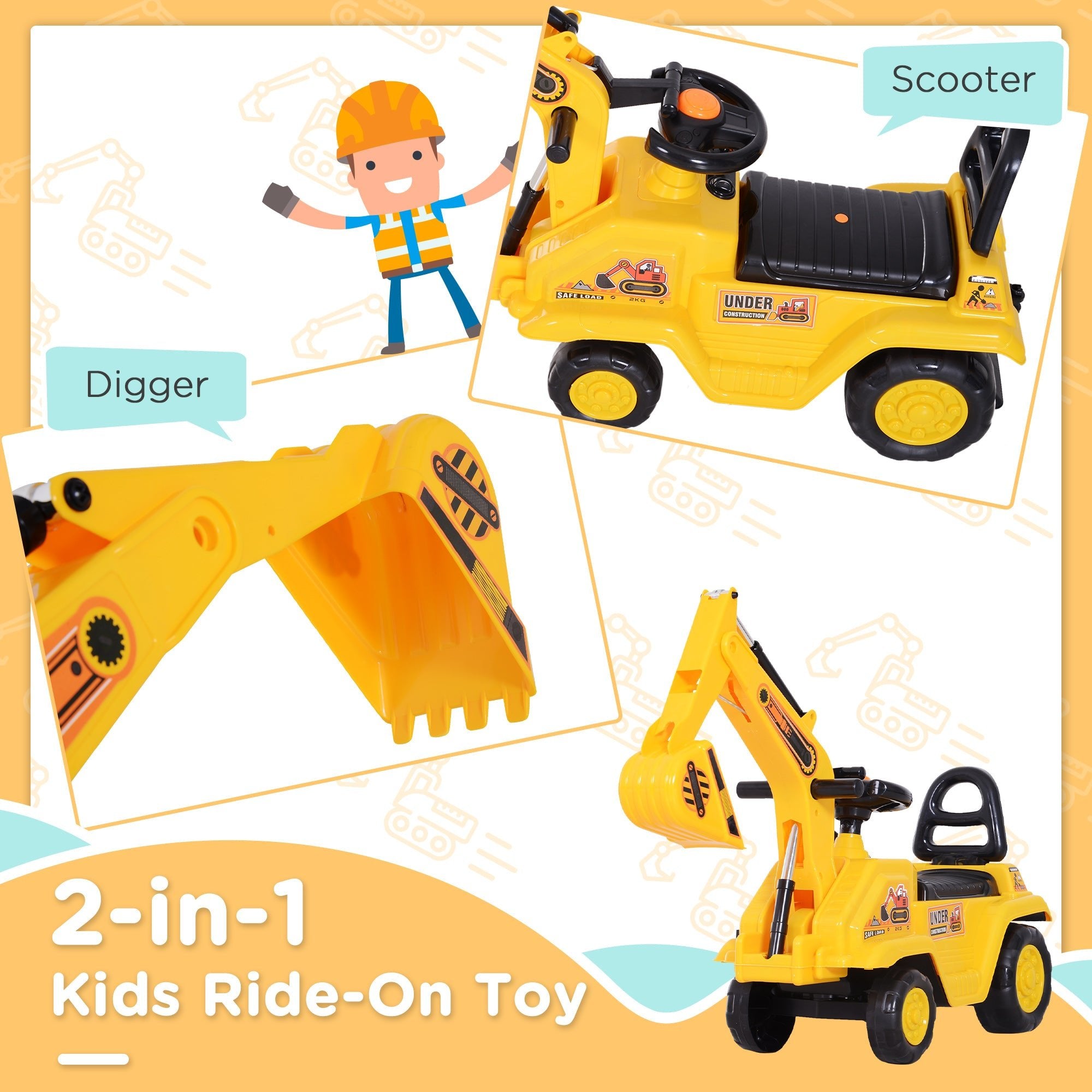 NO POWER 3 in 1 Ride On Toy Excavator Digger Scooter Pulling Cart Pretend Play Construction Truck Toy Excavators   at Gallery Canada