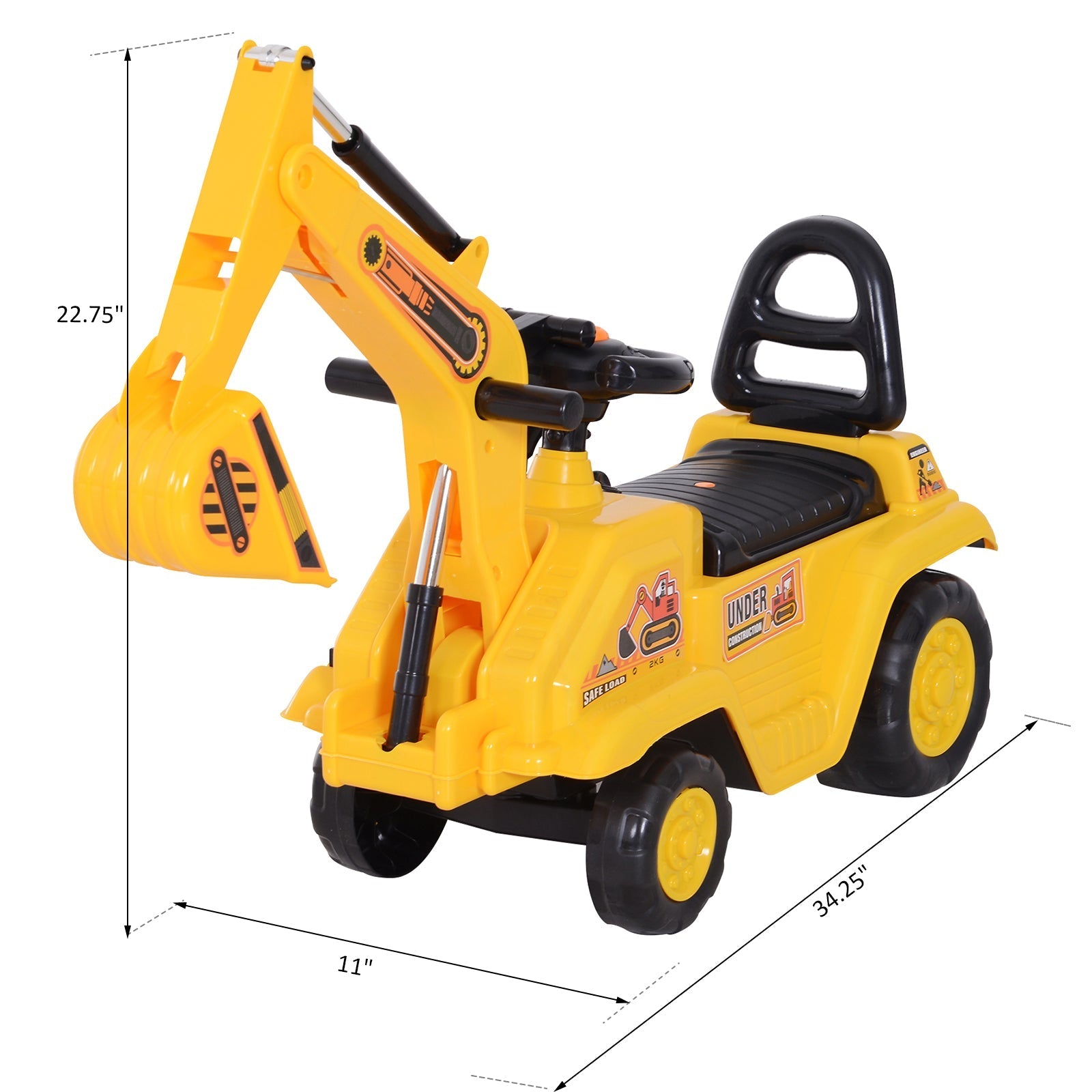 NO POWER 3 in 1 Ride On Toy Excavator Digger Scooter Pulling Cart Pretend Play Construction Truck Toy Excavators Yellow  at Gallery Canada