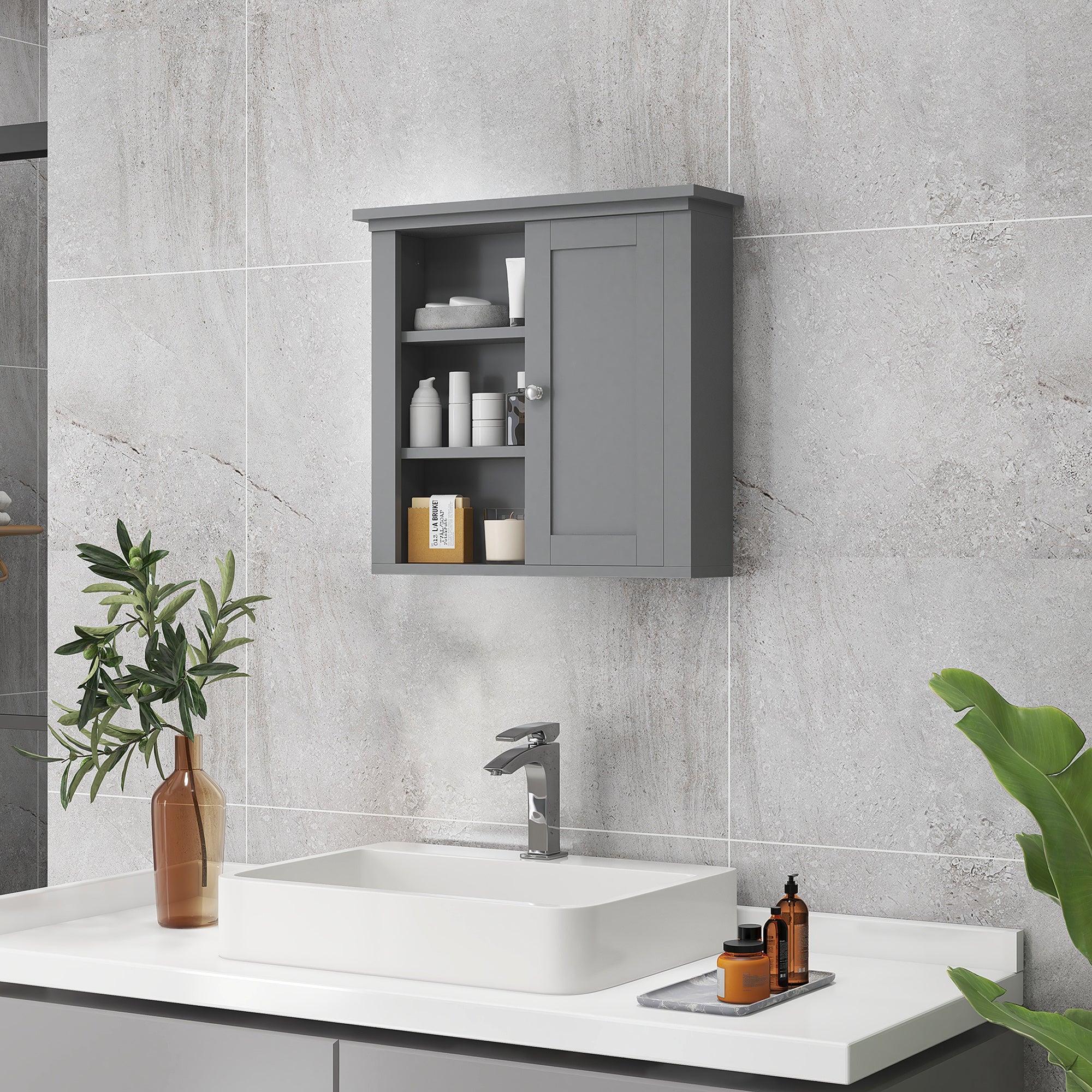 Bathroom Wall Cabinet, Wall Mounted Medicine Cabinet with 3 Open Shelves and Storage Cupboard for Laundry Room, Grey Wall Mounted Cabinets   at Gallery Canada