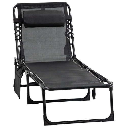 Outdoor Folding Chaise Lounge, Reclining Lounge Chair with Adjustable Backrest and Removable Pillow, Black