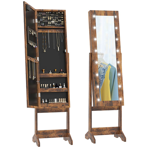 Free Standing Armoire Organizer, Lighted Mirrored Jewelry Cabinet w/ Angle Adjustable &; 16 LED Lights Rustic Brown