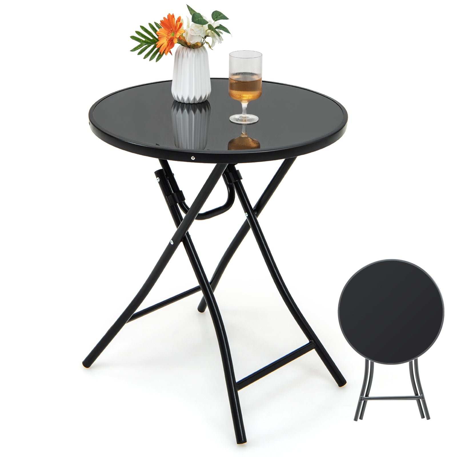 23 Inch Round Bistro Table with Tempered Glass Tabletop, Black Patio Dining Tables at Gallery Canada