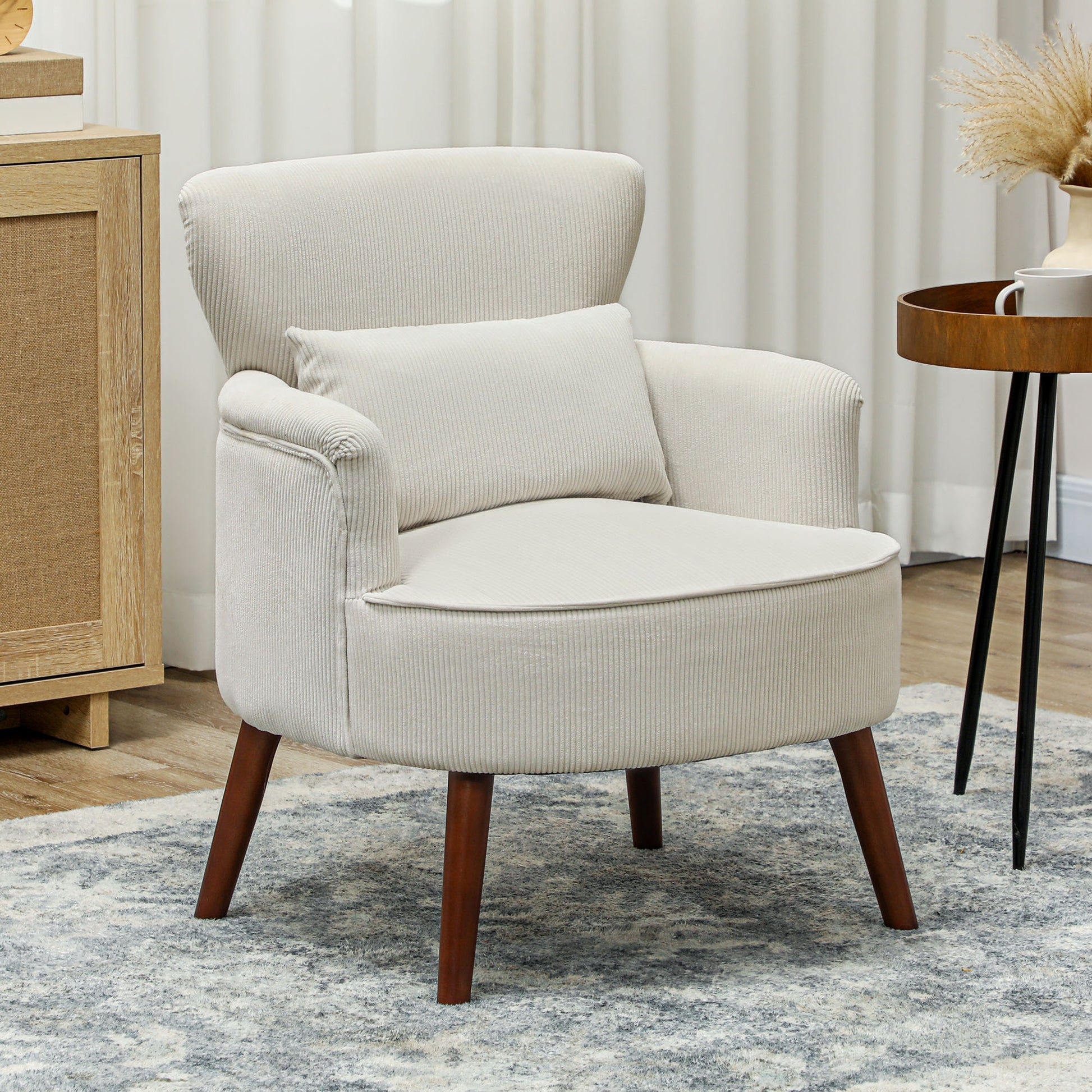 Modern Accent Chair, Upholstered Armchair with Solid Wood Legs and Lumbar Pillow for Living Room, Cream White Accent Chairs Cream at Gallery Canada