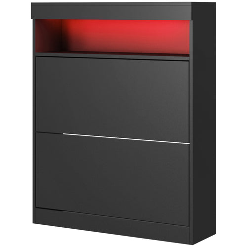 Wall Mounted or Freestanding Shoe Storage Cabinet with LED Light and 2 Flip Drawers for 12-16 Pairs of Shoes