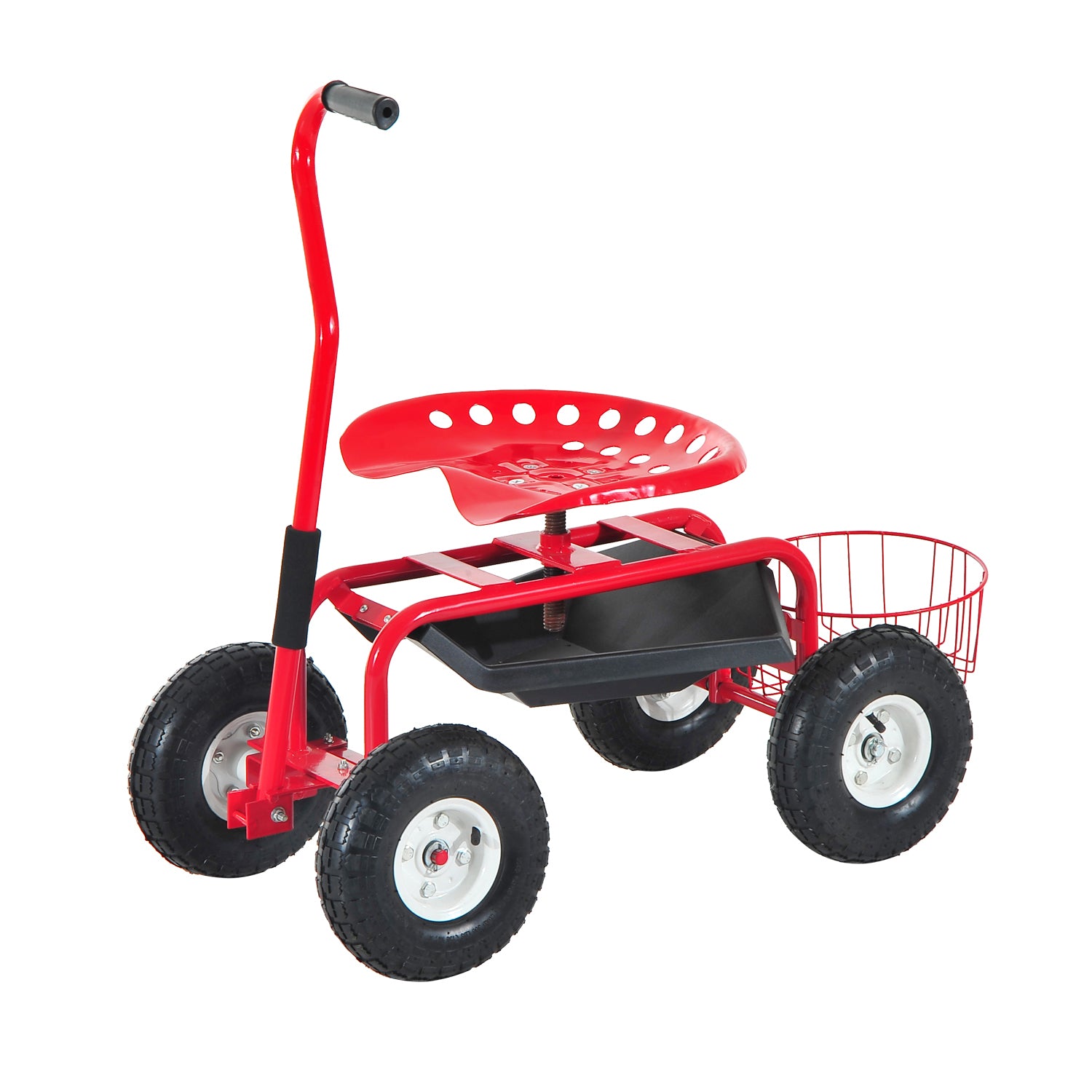 Garden Scooter, Rolling Cart with Swivel and Adjustable Seat, Tool Tray, Bucket Basket, Red and Black Folding Garden Carts at Gallery Canada