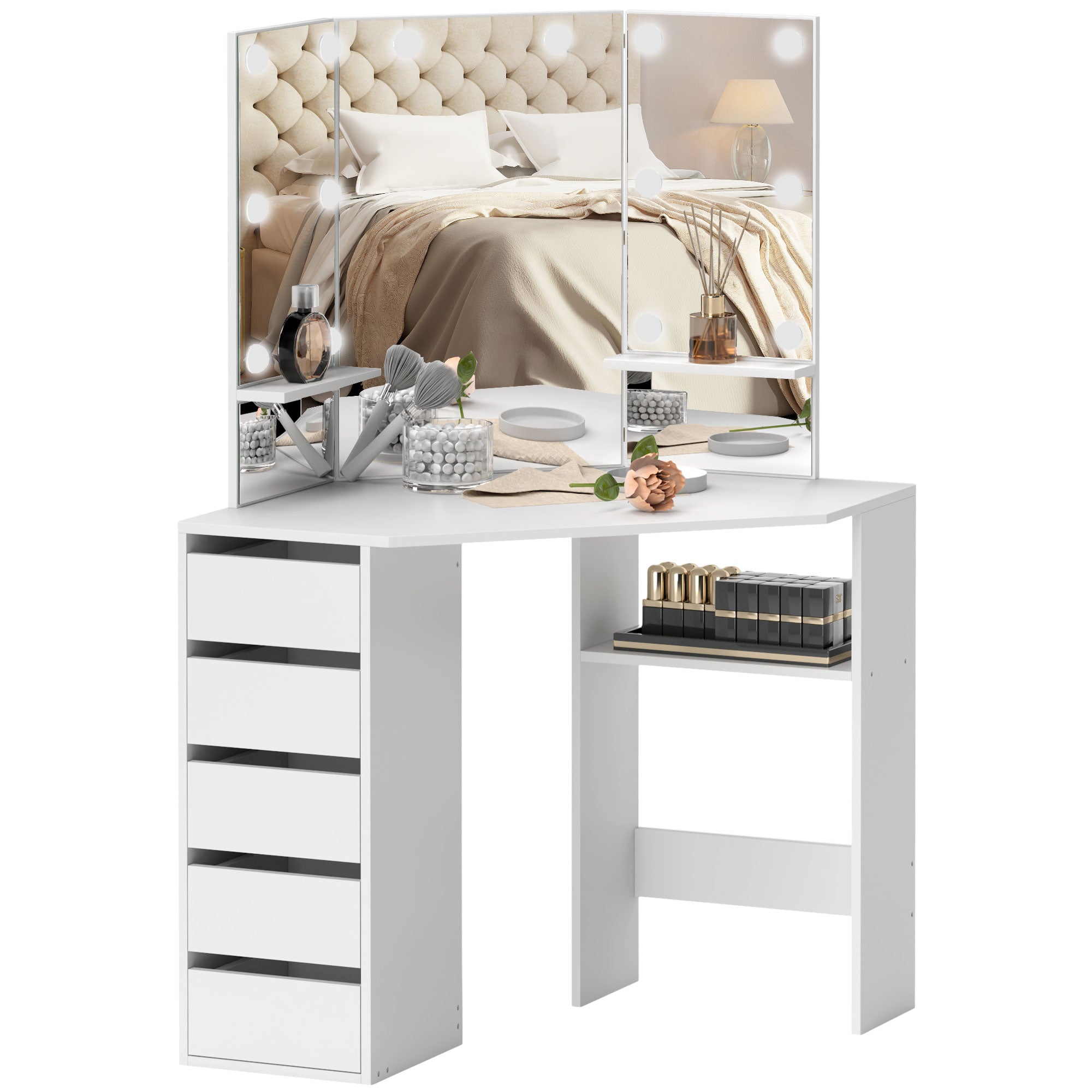 Makeup Vanity Desk with 3-Panel Mirror and 10 LED Lights, Dressing Table with 5 Drawers and Shelves for Bedroom, White Dressing & Vanity Tables at Gallery Canada