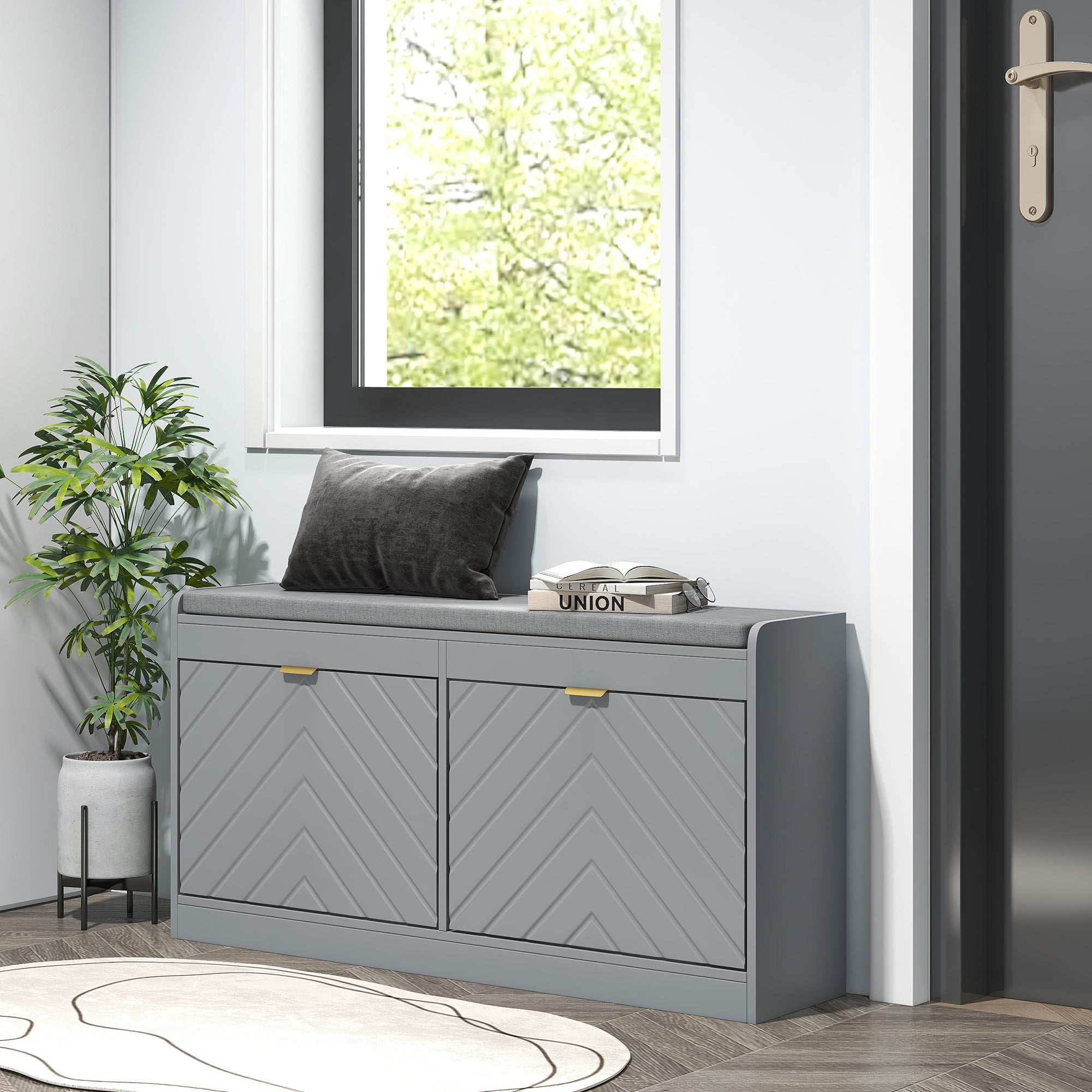 Shoe Storage with Seat, Upholstered Hallway Bench, Shoe Bench with 2 Flip Drawers and 2 Vents for 8 Pairs of Shoes Shoe Storage Cabinets & Racks Grey  at Gallery Canada