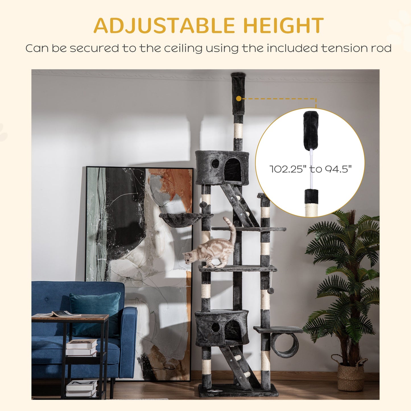 94"-102" Floor to Ceiling Cat Tree High Cat Condo Scratching Post Activity Center Multi-Level Play House Dark Grey Floor to Ceiling Cat Trees   at Gallery Canada