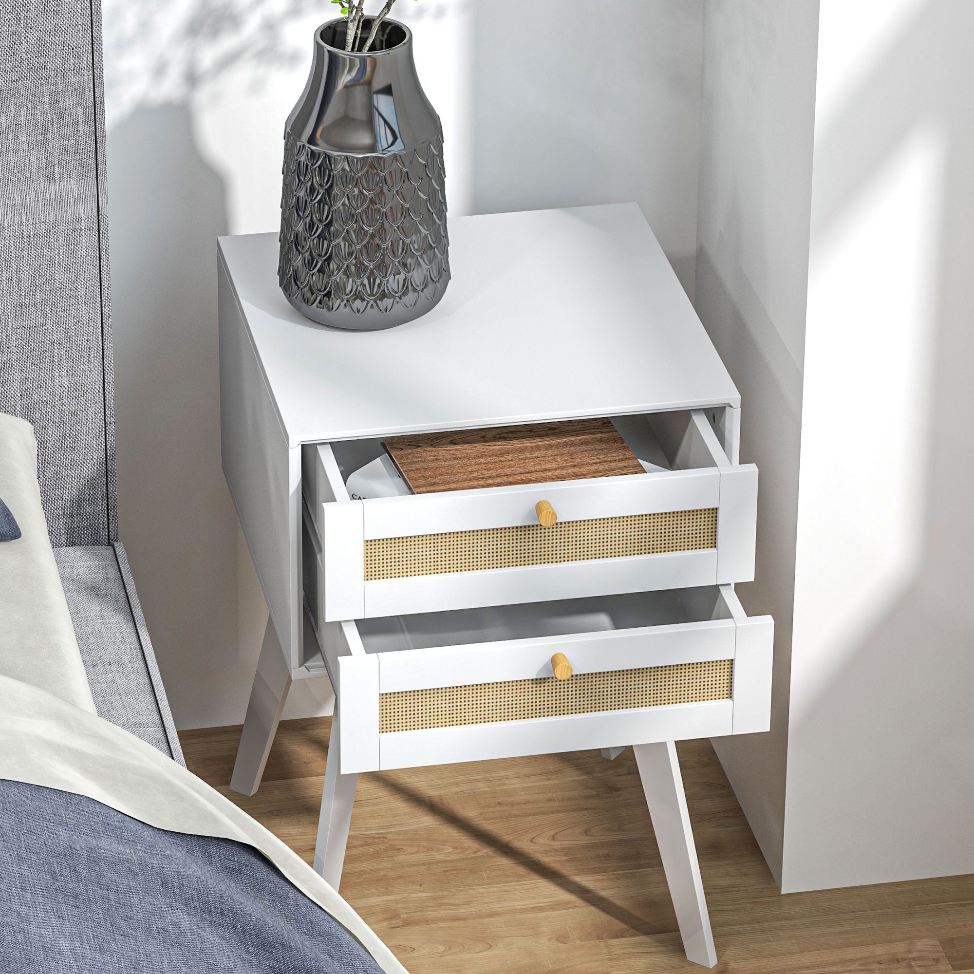 Boho Night Stands Set of 2, Bedside Tables with 2 Rattan Drawers, Square End Tables for Bedroom, Living Room Bedside Tables at Gallery Canada