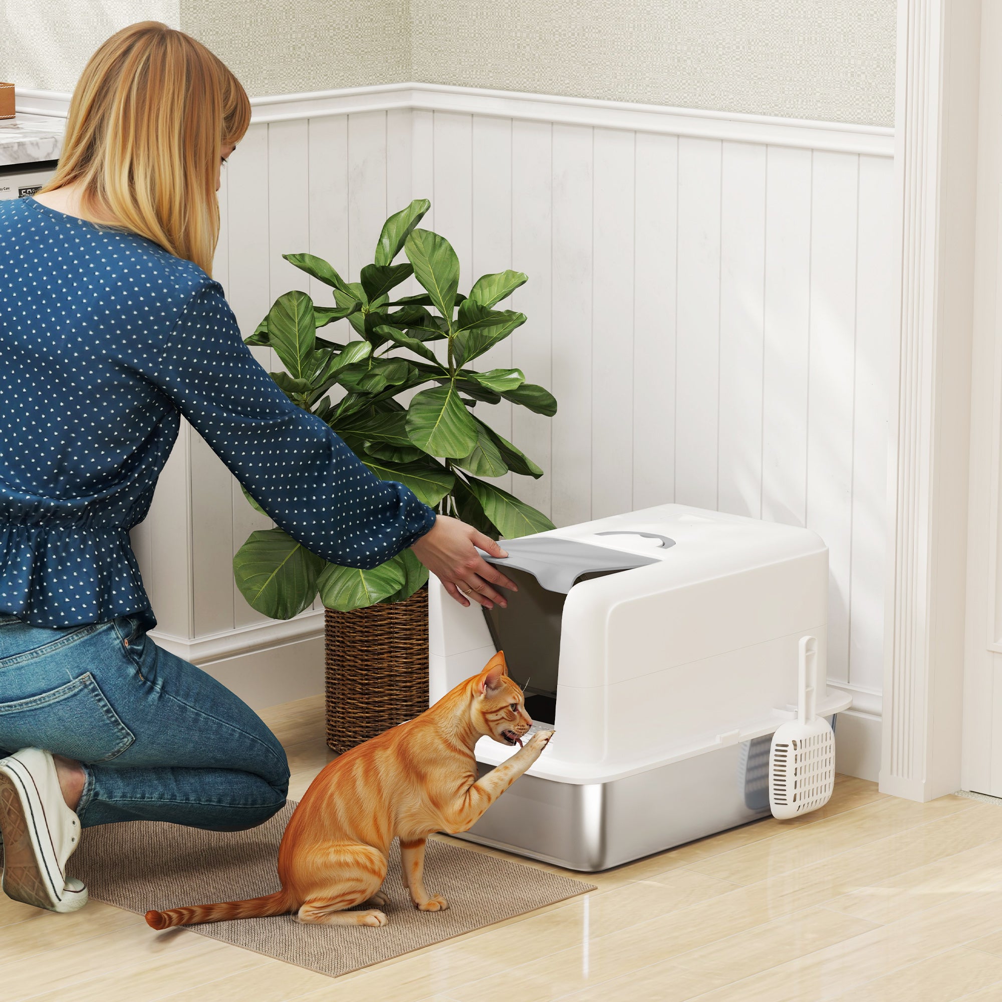Stainless Steel Cat Litter Box w/ Removable Lid &; Scoop, for Small to Large Cats, Easy to Clean, White Cat Litter Box Enclosures at Gallery Canada
