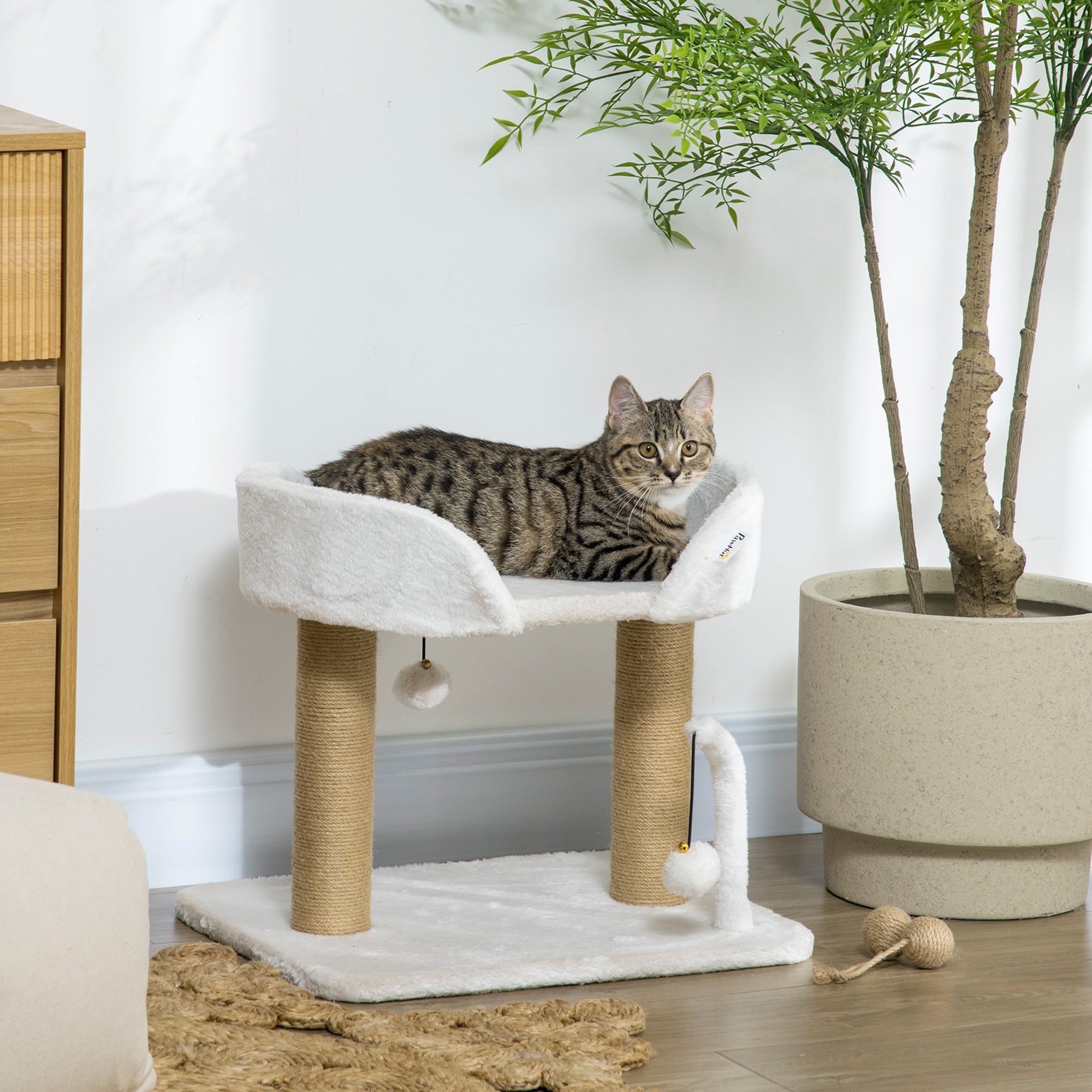 Cat Tower Condo for Indoor Cats, Small Cat Tree with Jute Scratching Posts, Top Perch, Dangling Balls, White Cat Trees White at Gallery Canada
