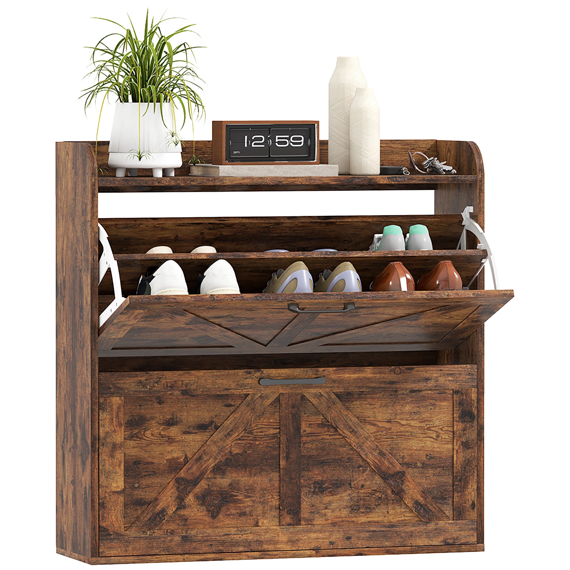 Narrow Shoe Storage Cabinet, Farmhouse Slim Shoe Cabinet with 2 Flip Drawers, Adjustable Shelves, Rustic Brown Shoe Storage Cabinets & Racks at Gallery Canada