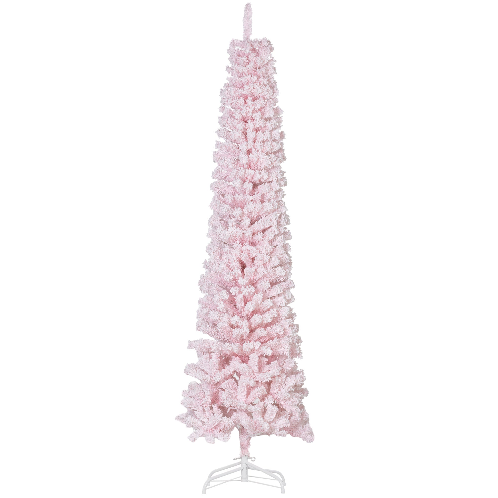 7.5ft Flocked Christmas Tree, Pencil Christmas Tree with Realistic Branch Tips, Folding Metal Stand, Pink Pencil Christmas Trees   at Gallery Canada