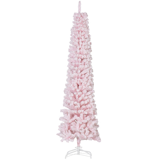 7.5ft Flocked Christmas Tree, Pencil Christmas Tree with Realistic Branch Tips, Folding Metal Stand, Pink Pencil Christmas Trees   at Gallery Canada