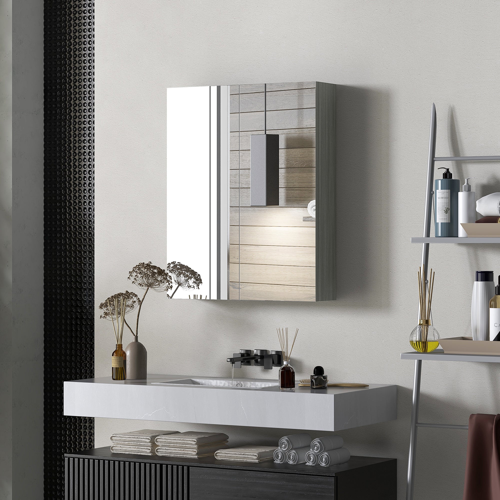 Wall Mount Mirrored Medicine Cabinet, Bathroom Mirror Cabinet with Adjustable Shelf, Double Soft Closing Doors, Grey Mirror Medicine Cabinets at Gallery Canada