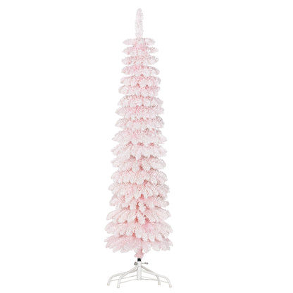 5ft Snow-Flocked Artificial Christmas Tree, Slim Pencil Xmas Tree with 301 Realistic Branches, Metal Base, Pink Pencil Christmas Trees at Gallery Canada