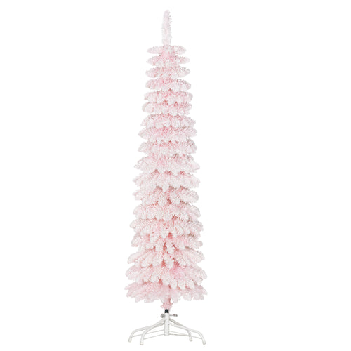 5ft Snow-Flocked Artificial Christmas Tree, Slim Pencil Xmas Tree with 301 Realistic Branches, Metal Base, Pink