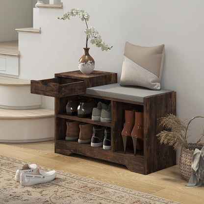 Upholstered Shoe Storage Bench, Hallway Shoe Storage with Seat, Drawer, 3 Open Shelves for Entryway, Rustic Brown Shoe Storage Cabinets & Racks   at Gallery Canada