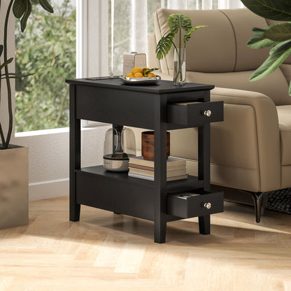 Narrow Side Table with Charging Station, USB Ports, Modern End Table with Storage Shelf, Drawers for Living Room, Black Side Tables   at Gallery Canada