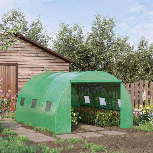 Walk-in Polytunnel Greenhouse, Outdoor Garden Tunnel Greenhouse Tent with Zipped Roll-Up Door and 6 Mesh Windows, 13 x 10ft, Green Tunnel Greenhouses at Gallery Canada